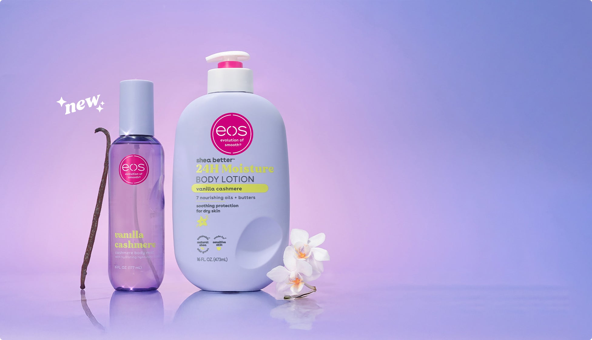 Two eos products on a gradient purple background with flowers.